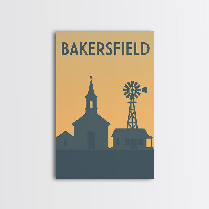 Bakersfield Travel Poster, Framed Canvas Print, Sunset Skyline Wall Art, Bakersfield Wall Art, Wanderlust Decor, Travel Wall Decor