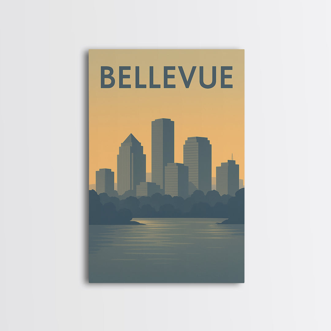 Bellevue Travel Poster, Canvas Print, Mid Century Travel Art, Bellevue Art Print, Travel Art Print, City Illustration, Living Room Wall Art