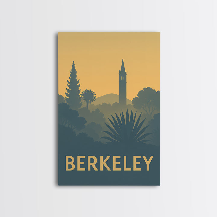 Berkeley Travel Poster, Framed Canvas Print, Sunset Skyline Wall Art, Berkeley City Art, Mid Century Wall Art, Vintage City Poster