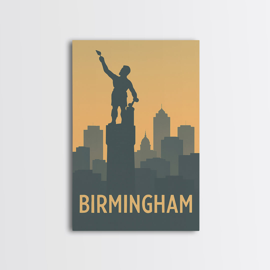 Birmingham Travel Poster, Framed Canvas Print, Sunset Skyline Wall Art, Birmingham Poster Print, City Art Print, Vintage City Art
