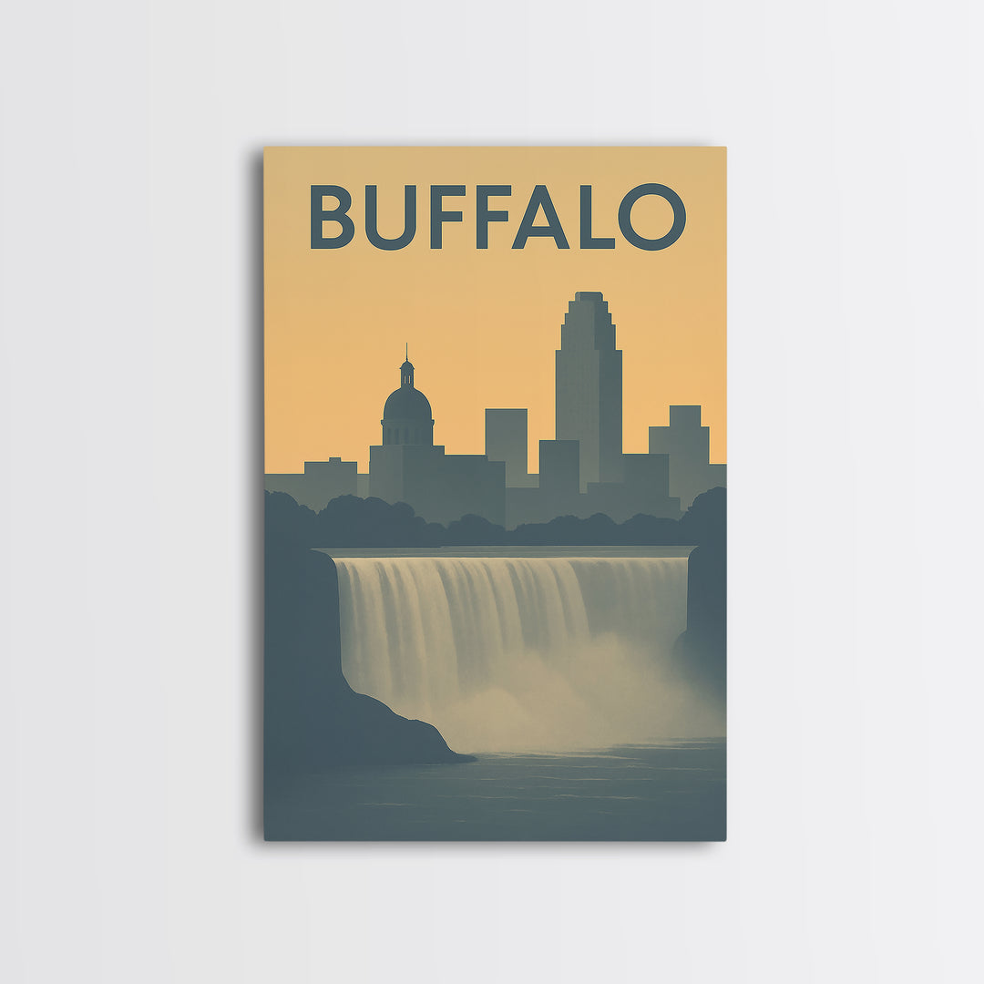 Buffalo Travel Poster, Framed Canvas Print, Sunset Skyline Wall Art, Buffalo Wall Art, Retro Travel Print, Wanderlust Decor, Poster Print