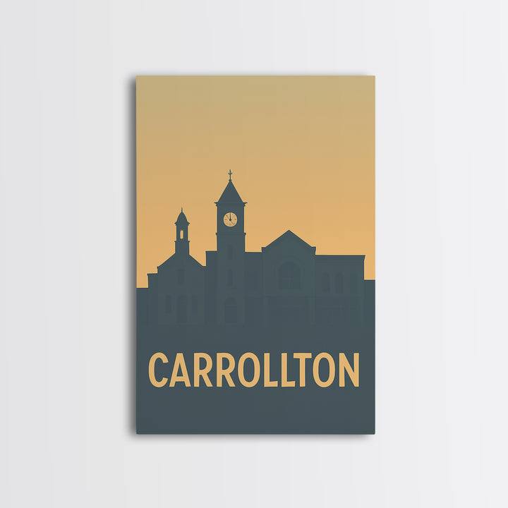 Carrollton Texas Travel Poster, Framed Canvas Print, Mid Century Travel Art, Carrollton Poster Print, City Travel Prints, Home Office Decor