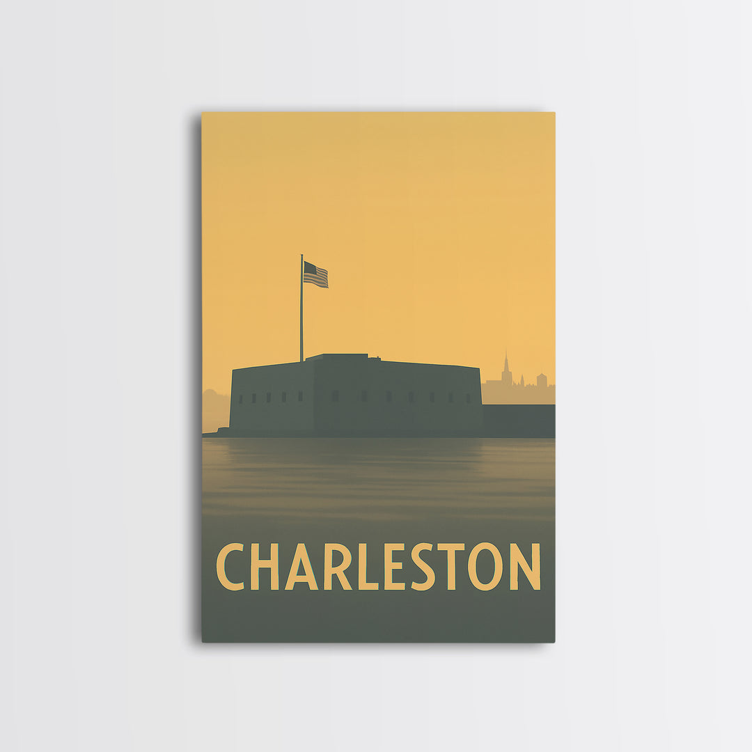 Charleston Travel Poster, Framed Canvas Print, Sunset Skyline Wall Art, Charleston City Art, Home Office Decor, Wanderlust Decor