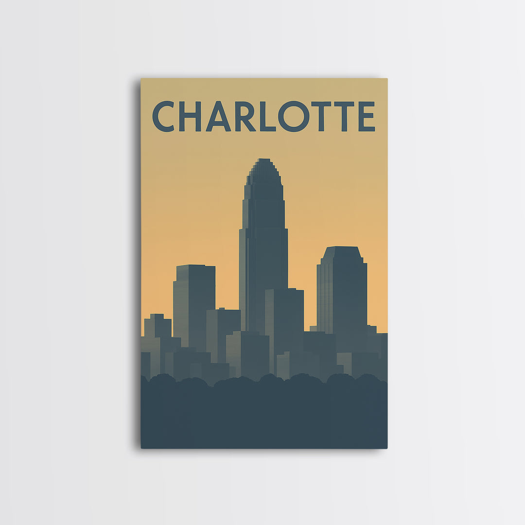 Charlotte North Carolina Travel Poster, Canvas Print, Sunset Skyline Wall Art, Charlotte Art Print, Watercolor Urban Skyline, Travel Art