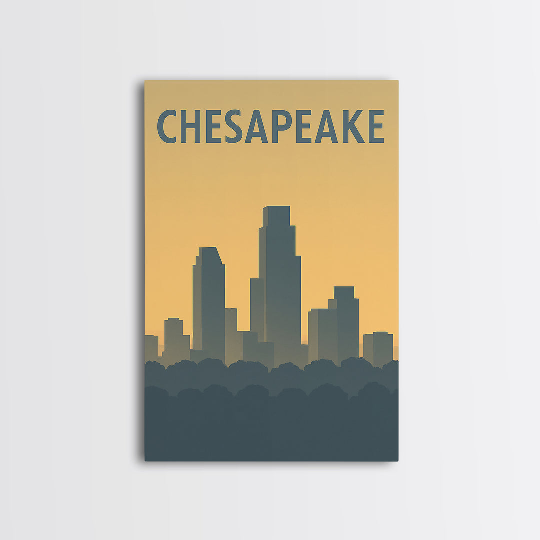 Chesapeake Virginia Travel Poster, Framed Canvas Print, Sunset Skyline Wall Art, Chesapeake Wall Art, Retro Travel Print, Home Office Decor