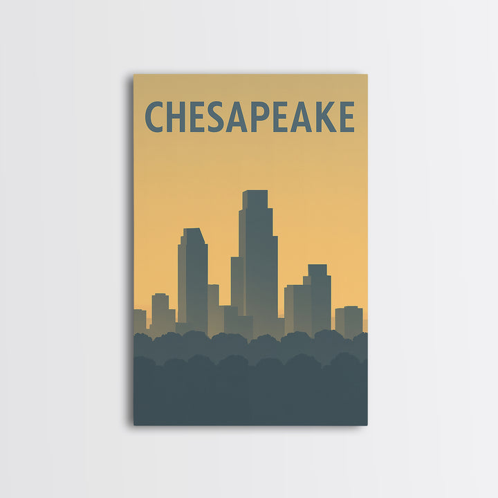 Chesapeake Virginia Travel Poster, Framed Canvas Print, Sunset Skyline Wall Art, Chesapeake Wall Art, Retro Travel Print, Home Office Decor