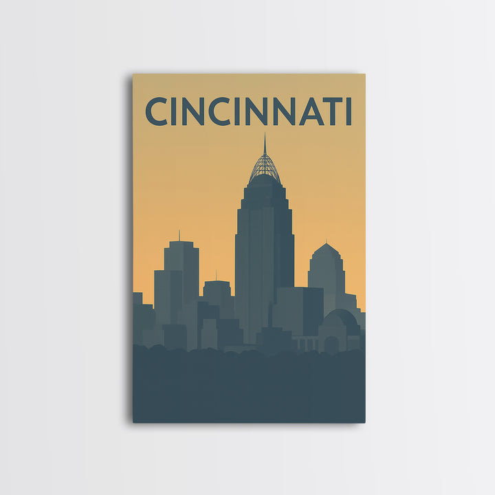 Cincinnati Ohio Travel Poster, Framed Canvas Print, Sunset Skyline Wall Art, Cincinnati Poster Print, Retro Travel Print, Home Office Decor