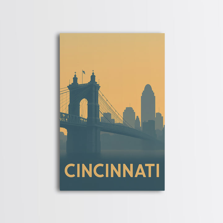 Cincinnati Travel Poster, Framed Canvas Print, Minimalist Retro Wall Art, Cincinnati Wall Art, Vintage Travel Print, Travel Poster Art