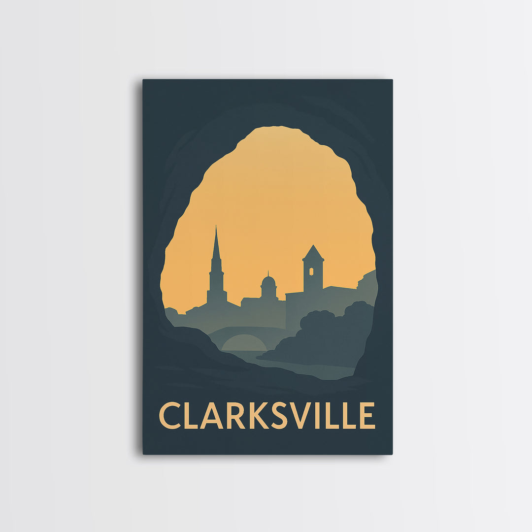Clarksville Tennessee Travel Poster, Canvas Print, Sunset Skyline Wall Art, Clarksville Wall Art, City Travel Prints, Mid Century Wall Art