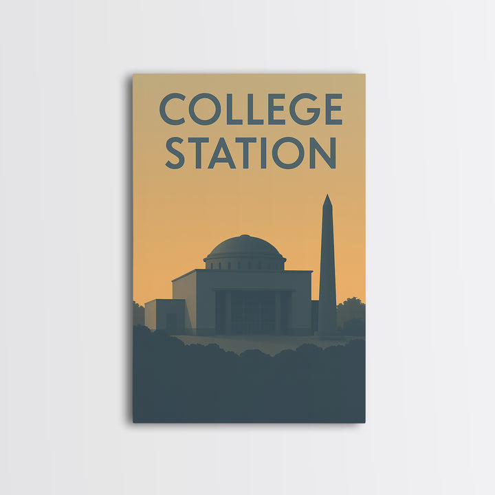 College Station Texas Travel Poster, Canvas Print, Sunset Skyline Wall Art, College Station Wall Art, Travel Art Print, Vintage City Art