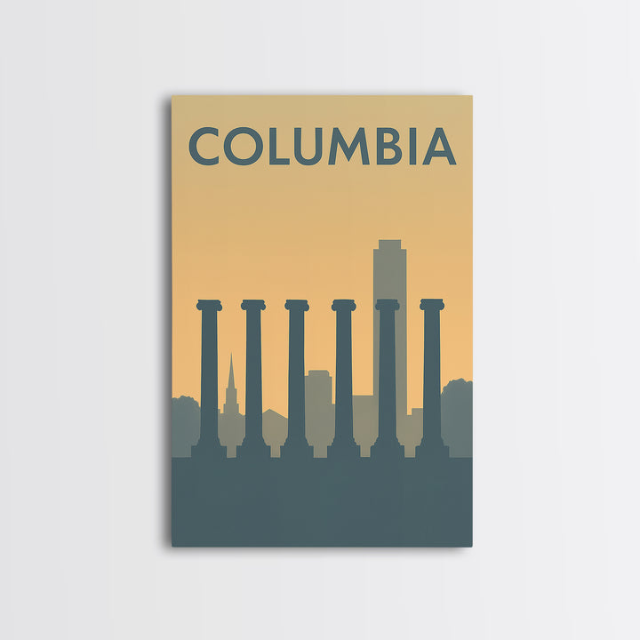 Columbia South Carolina Travel Poster, Canvas Print, Sunset Skyline Wall Art, Columbia Print, Art Print, Watercolor Downtown Skyline