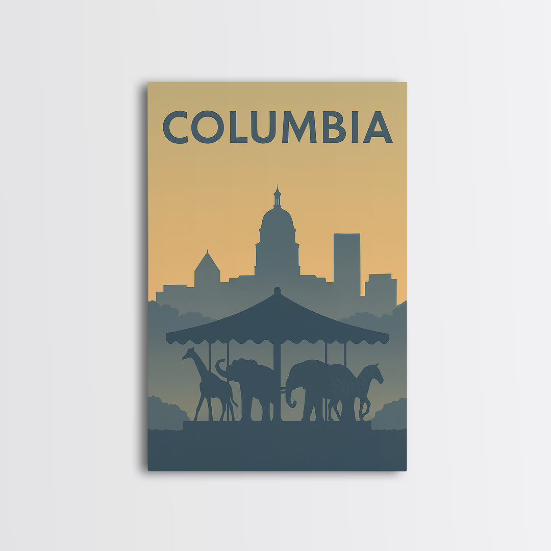 Columbia Travel Poster, Framed Canvas Print, Vintage City Poster Art, Columbia Travel Art, Mid Century Wall Art, Retro Travel Print