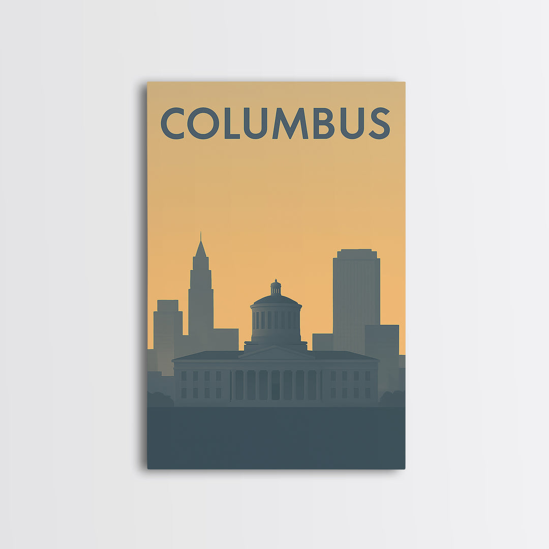 Columbus Travel Poster, Framed Canvas Print, Sunset Skyline Wall Art, Columbus Poster Print, Travel Wall Art, Travel Poster Art