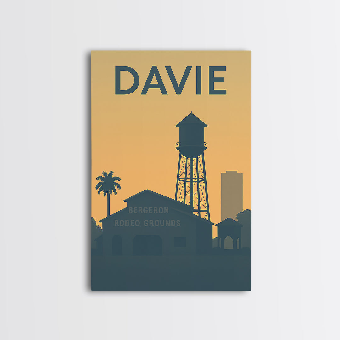 Davie Florida Travel Poster, Framed Canvas Print, Sunset Skyline Wall Art, Davie Art Print, Mid Century Wall Art, City Travel Prints