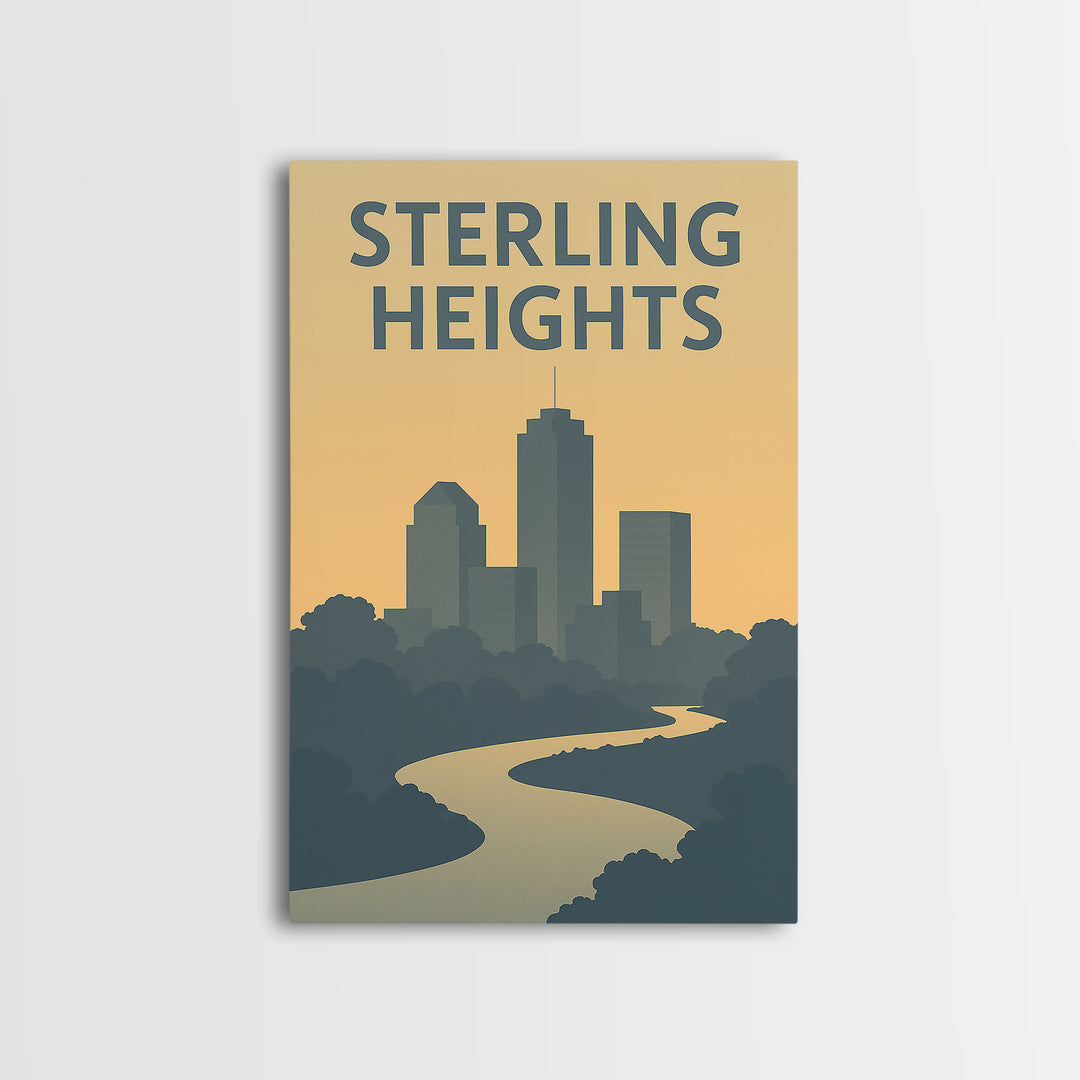 Sterling Heights Travel Poster, Canvas Print, Sunset Skyline Wall Art, Sterling Heights Travel Art, Watercolor Urban Skyline, Office Decor
