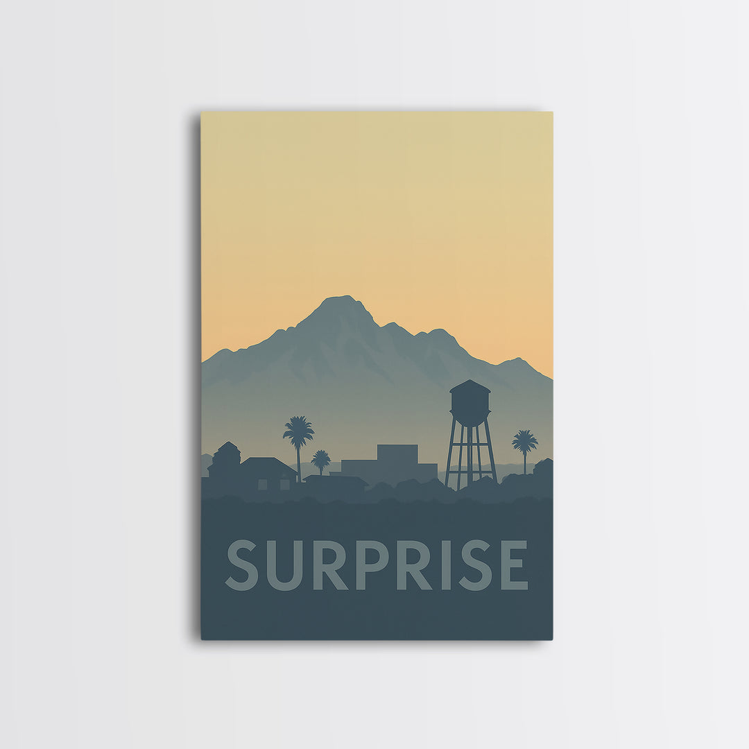 Surprise Travel Poster, Framed Canvas Print, Sunset Skyline Wall Art, Surprise Poster Print, Travel Poster Art, Eclectic Wall Decor