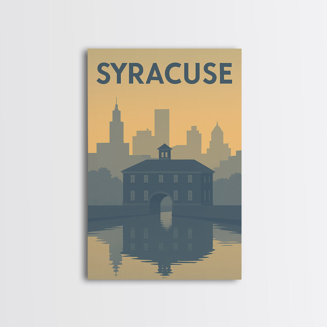 Syracuse New York Travel Poster, Framed Canvas Print, Sunset Skyline Wall Art, Syracuse City Art, Retro Travel Print, Modern Wall Decor
