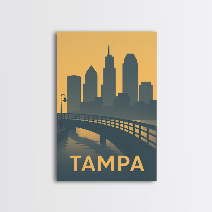 Tampa Florida Travel Poster, Framed Canvas Print, Mid Century Travel Art, Tampa Travel Art, Mid Century Wall Art, Watercolor City Skyline