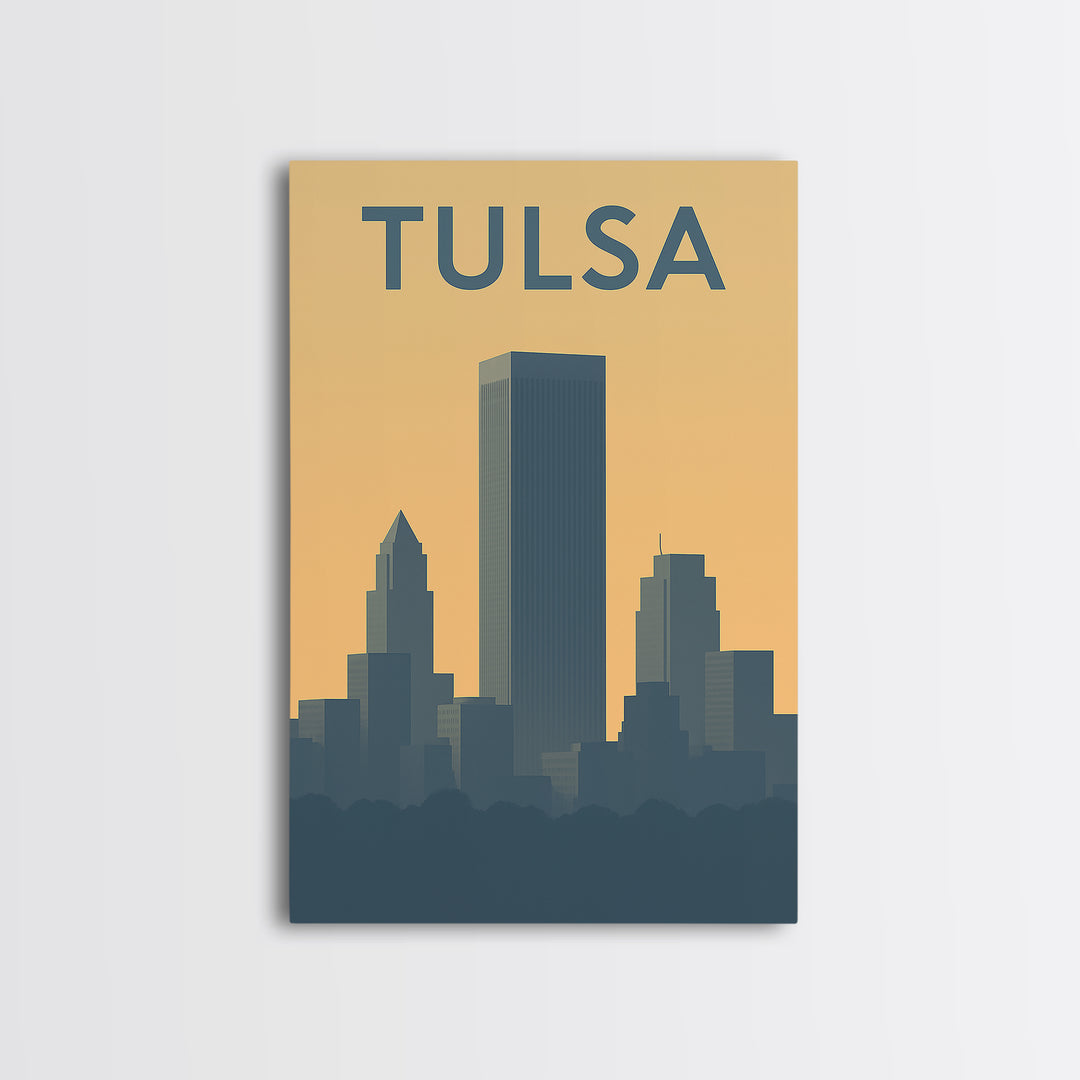 Tulsa Travel Poster, Framed Canvas Print, Sunset Skyline Wall Art, Tulsa Art Print, City Travel Prints, Wanderlust Decor, Travel Wall Decor