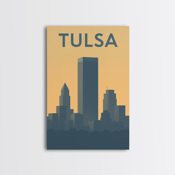 Tulsa Travel Poster, Framed Canvas Print, Sunset Skyline Wall Art, Tulsa Art Print, City Travel Prints, Wanderlust Decor, Travel Wall Decor