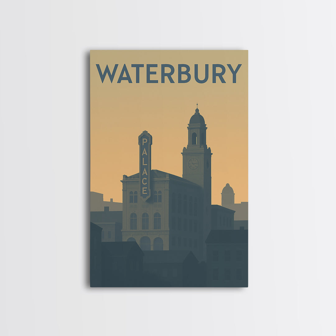Waterbury Travel Poster, Framed Canvas Print, Minimalist Retro Wall Art, Waterbury Poster Print, Retro Travel Print, Modern Wall Decor