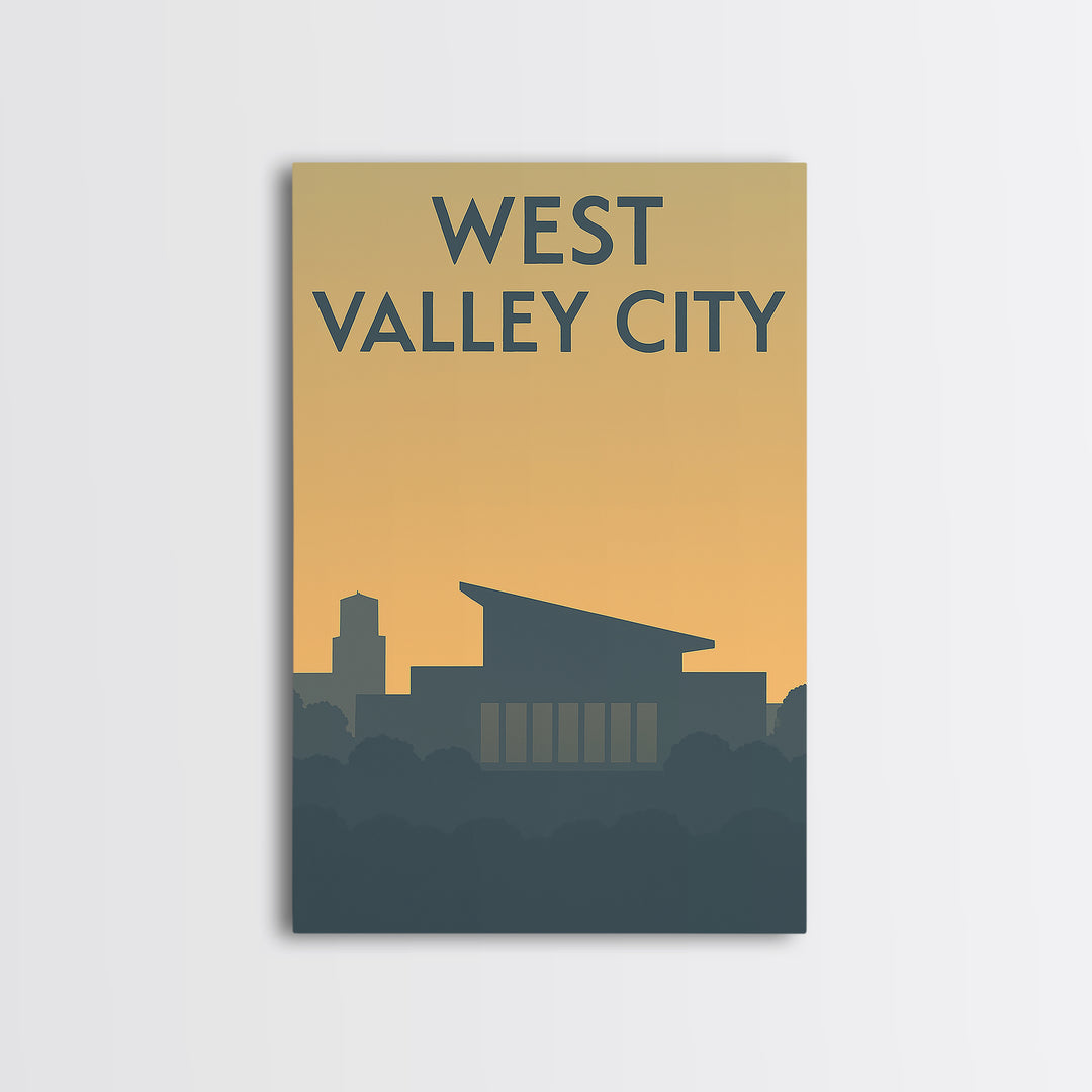 West Valley City Travel Poster, Framed Canvas Print, Minimalist Retro Wall Art, West Valley City City Art, Watercolor Downtown Skyline