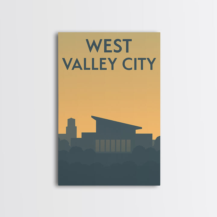West Valley City Travel Poster, Framed Canvas Print, Minimalist Retro Wall Art, West Valley City City Art, Watercolor Downtown Skyline