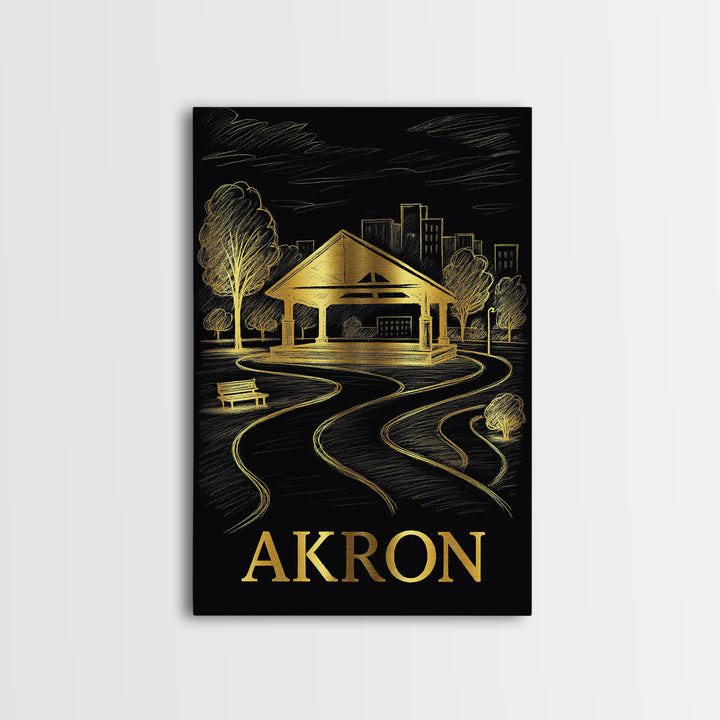 Akron Travel Poster, Framed Canvas Print, Dark Background Poster Art, Akron Art Print, Living Room Wall Art, Vintage City Art, Design 2