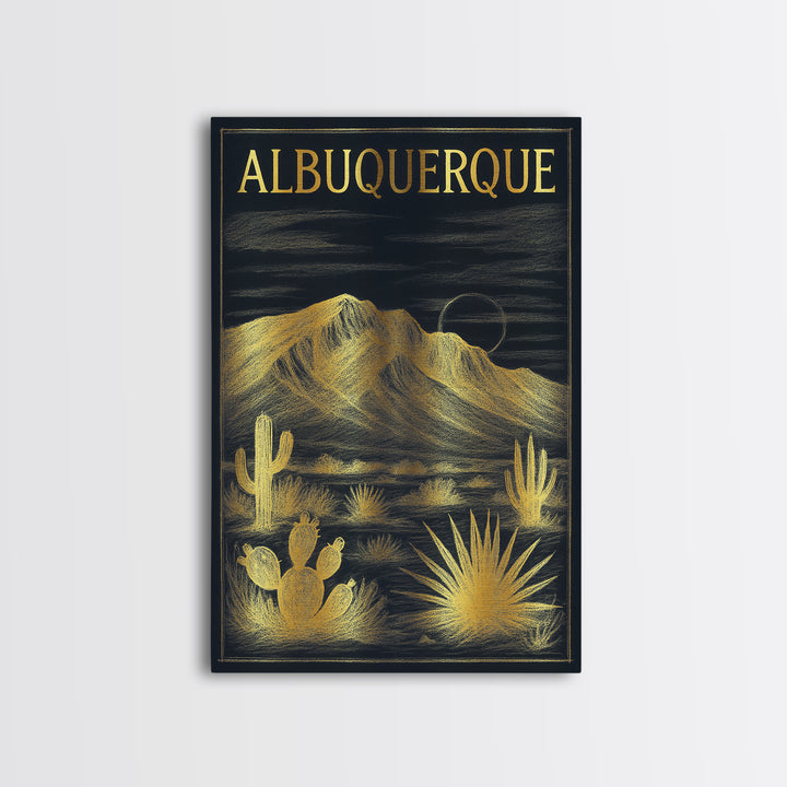 Albuquerque New Mexico Travel Poster, Framed Canvas Print, Elegant Gold City Art, Albuquerque Wall Art, Wanderlust Decor, Travel Wall Art