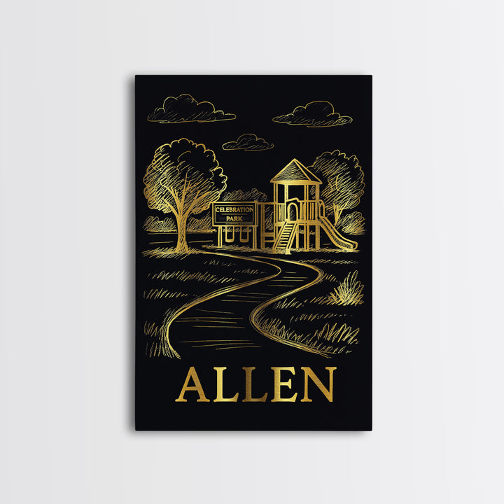 Allen Travel Poster, Canvas Print, Gold Sketch Wall Art, Allen Travel Art, Mid Century Wall Art, Travel Art Print, Watercolor City Skyline