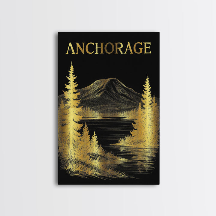 Anchorage Alaska Travel Poster, Canvas Print, Black And Gold Line Art, Anchorage Travel Art, Wall Art, Travel Wall Decor, Design 1