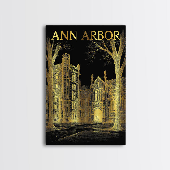 Ann Arbor Michigan Travel Poster, Canvas Print, Black And Gold Line Art, Ann Arbor Wall Art, Travel Art Print, Wall Art, City Art Print