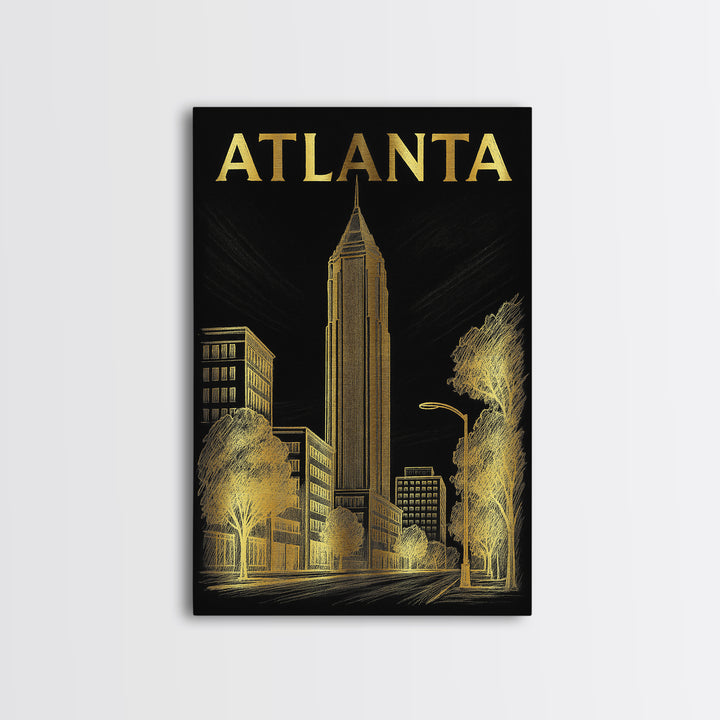Atlanta Georgia Travel Poster, Framed Canvas Print, Dark Background Poster Art, Atlanta City Art, Vintage City Art, Living Room Wall Art