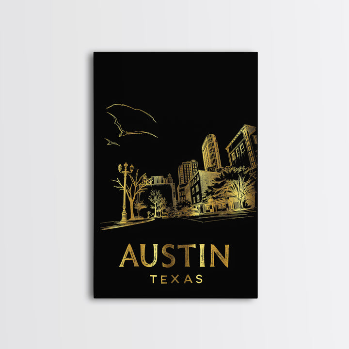 Austin Texas Travel Poster, Canvas Print, Elegant Gold City Art, Austin Travel Art, Home Office Decor, Retro Travel Print, Travel Poster Art