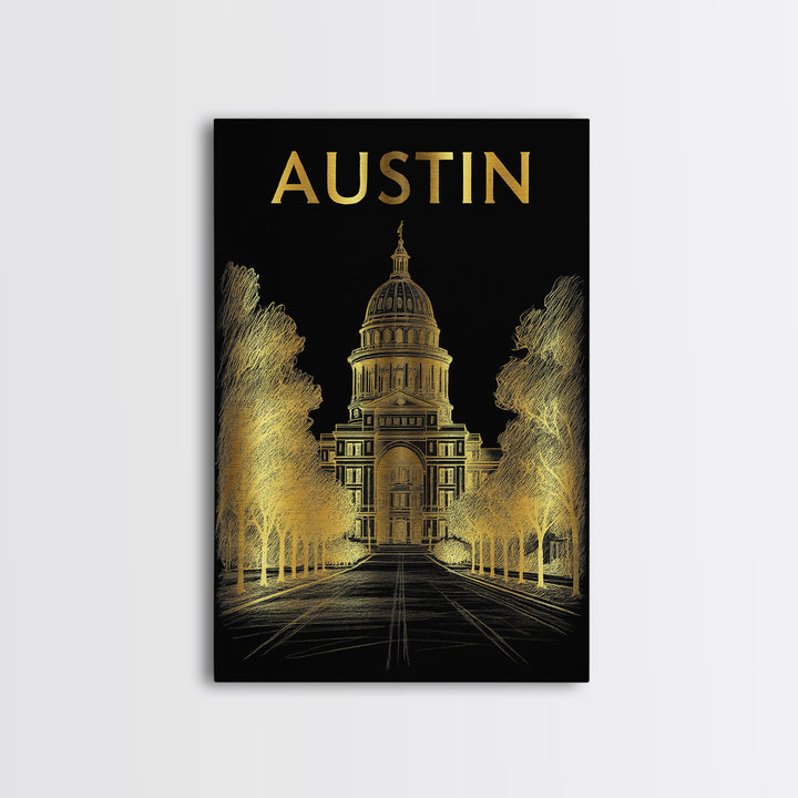 Austin Travel Poster, Framed Canvas Print, Black And Gold Line Art, Austin Poster Print, Gift For Travelers, City Travel Prints