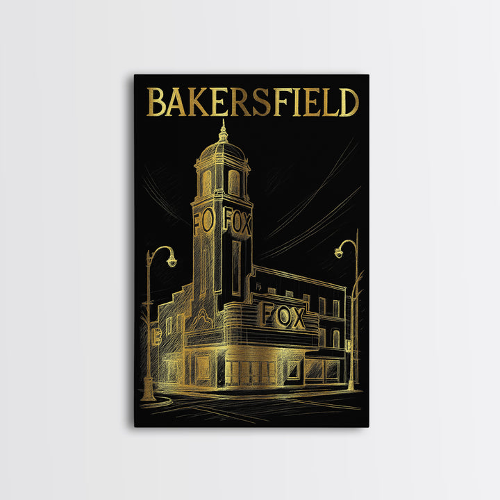Bakersfield California Travel Poster, Canvas Print, Elegant Gold City Art, Bakersfield Art Print, Watercolor Skyline, Retro Travel Print
