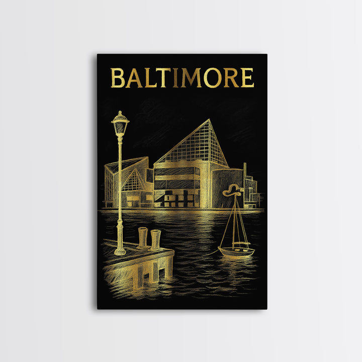 Baltimore Maryland Travel Poster, Framed Canvas Print, Gold Sketch Wall Art, Baltimore Poster Print, Mid Century Wall Art, Wanderlust Decor