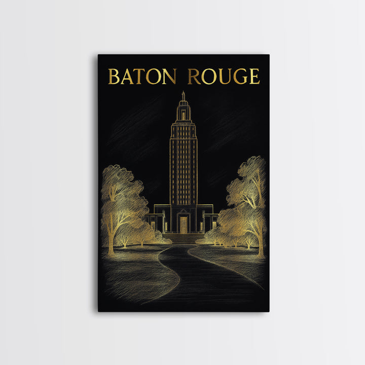 Baton Rouge Louisiana Travel Poster, Canvas Print, Black And Gold Line Art, Baton Rouge Travel Art, Home Office Decor, Eclectic Wall Decor