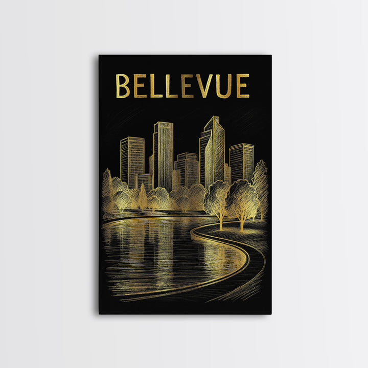 Bellevue Washington Travel Poster, Canvas Print, Black And Gold Line Art, Bellevue City Art, Travel Art Print, Travel Wall Decor, Design 1
