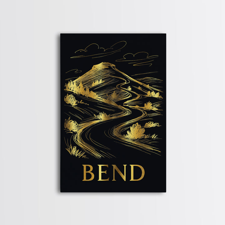 Bend Travel Poster, Framed Canvas Print, Elegant Gold City Art, Bend Wall Art, City Travel Prints, Living Room Wall Art, City Art Print