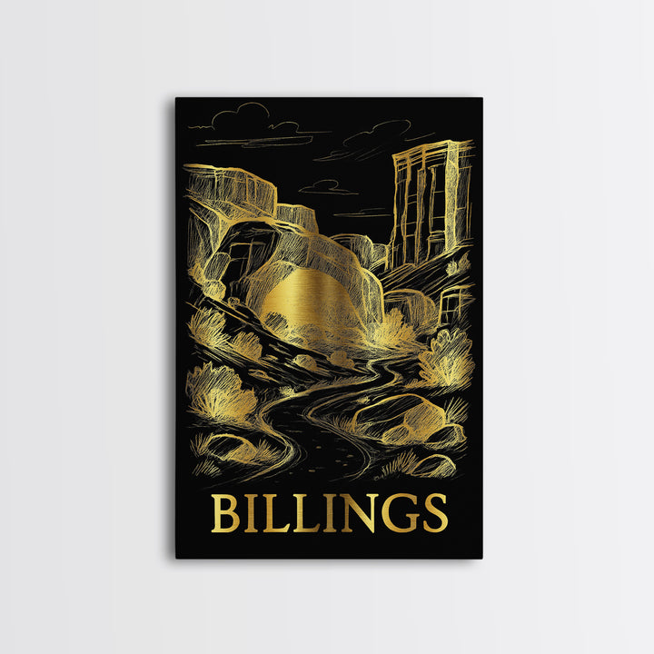 Billings Travel Poster, Framed Canvas Print, Black And Gold Line Art, Billings Travel Art, Retro Travel Print, Travel Poster Set
