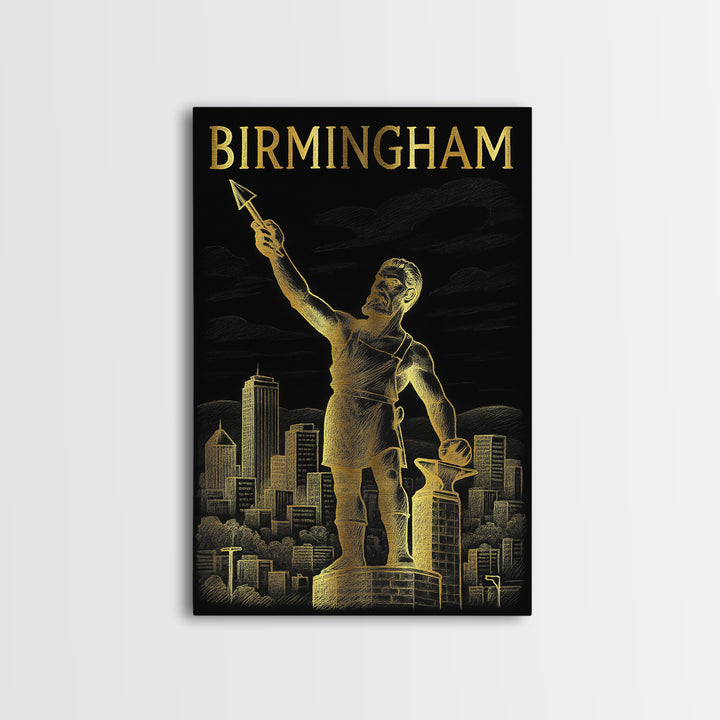 Birmingham Alabama Travel Poster, Framed Canvas Print, Elegant Gold City Art, Birmingham Art Print, Retro Travel Print, Travel Wall Decor