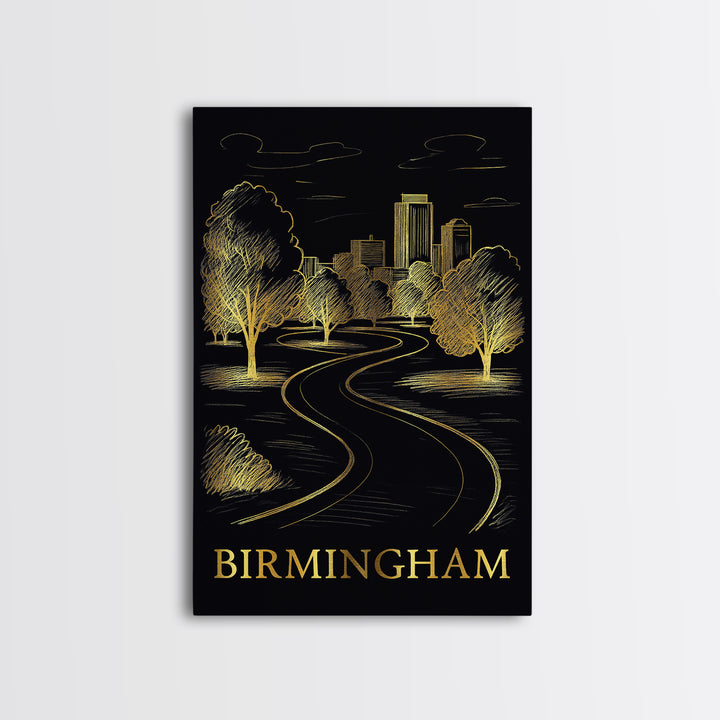 Birmingham Travel Poster, Framed Canvas Print, Elegant Gold City Art, Birmingham Travel Art, Modern Wall Decor, Living Room Wall Art