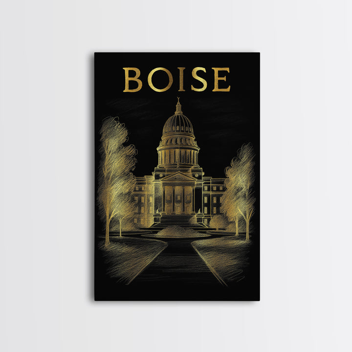 Boise Idaho Travel Poster, Canvas Print, Gold Sketch Wall Art, Boise Wall Art, Travel Poster Set, Vintage Travel Print, City Art Print