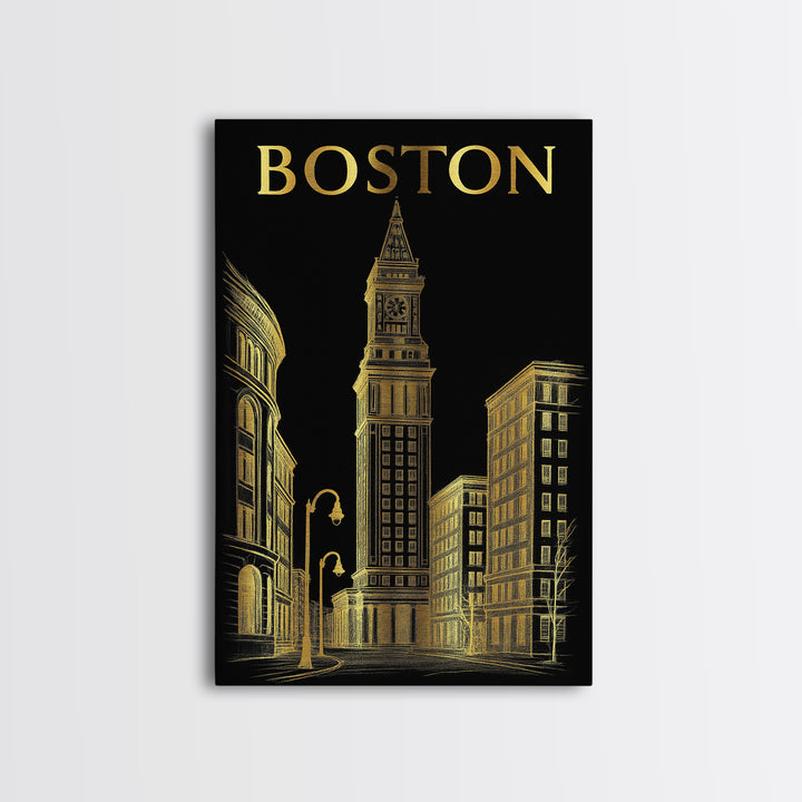Boston Massachusetts Travel Poster, Canvas Print, Black And Gold Line Art, Boston Art Print, Wall Art, Fine Art Print, Wall Decor