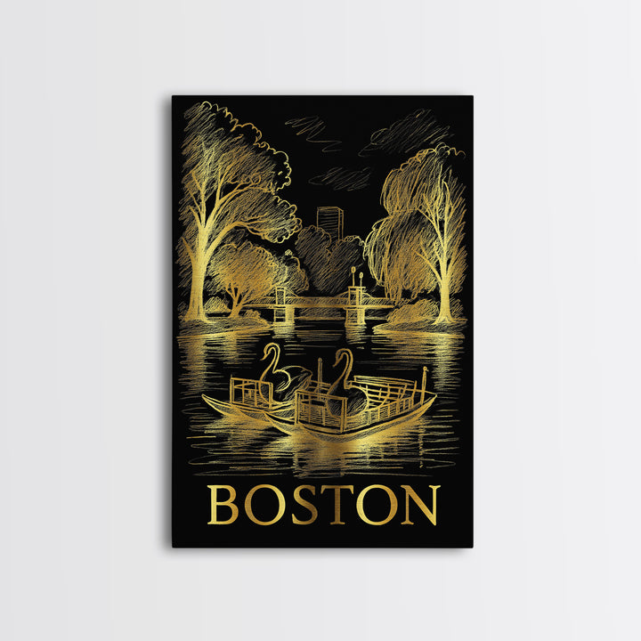 Boston Travel Poster, Canvas Print, Elegant Gold City Art, Boston Wall Art, Travel Poster Art, City Illustration, Travel Wall Decor