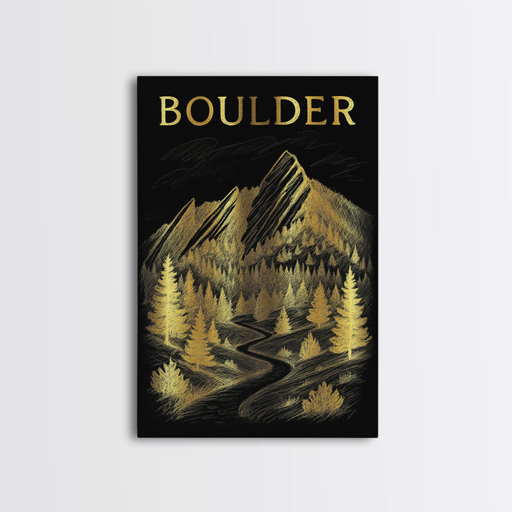 Boulder Colorado Travel Poster, Framed Canvas Print, Black And Gold Line Art, Boulder Travel Art, City Illustration, Mid Century Wall Art