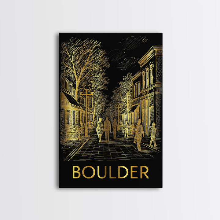 Boulder Travel Poster, Canvas Print, Elegant Gold City Art, Boulder Poster Print, Watercolor Urban Skyline, Travel Wall Art, Poster Art