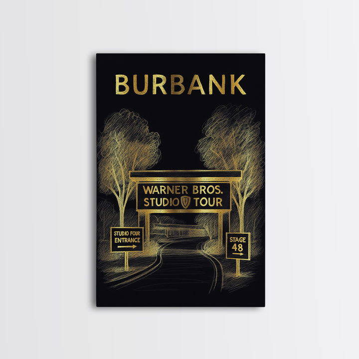 Burbank California Travel Poster, Canvas Print, Gold Sketch Wall Art, Burbank City Art, Retro Travel Print, City Illustration, Office Decor