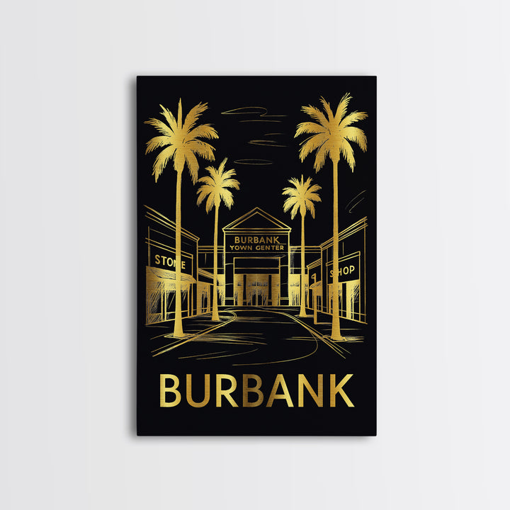 Burbank Travel Poster, Framed Canvas Print, Black And Gold Line Art, Burbank Wall Art, Vintage City Art, Retro Travel Print, Travel Gift